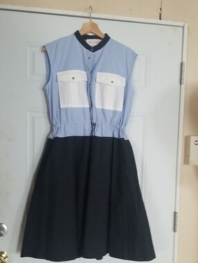 Sleeveless Light Blue and Black Colorblock Mini Dress with White Pocket Detail